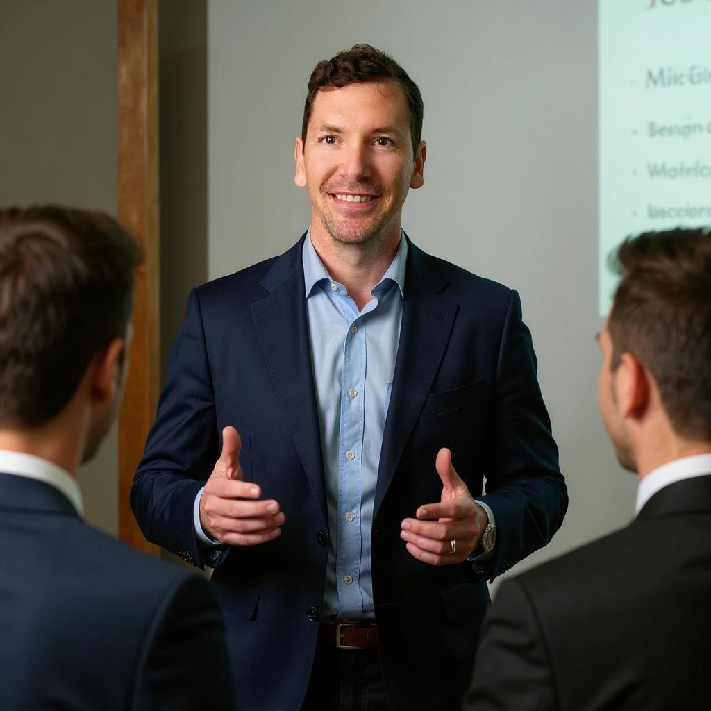 Neil Colvin in business casual talking to two men about AI in digital marketing