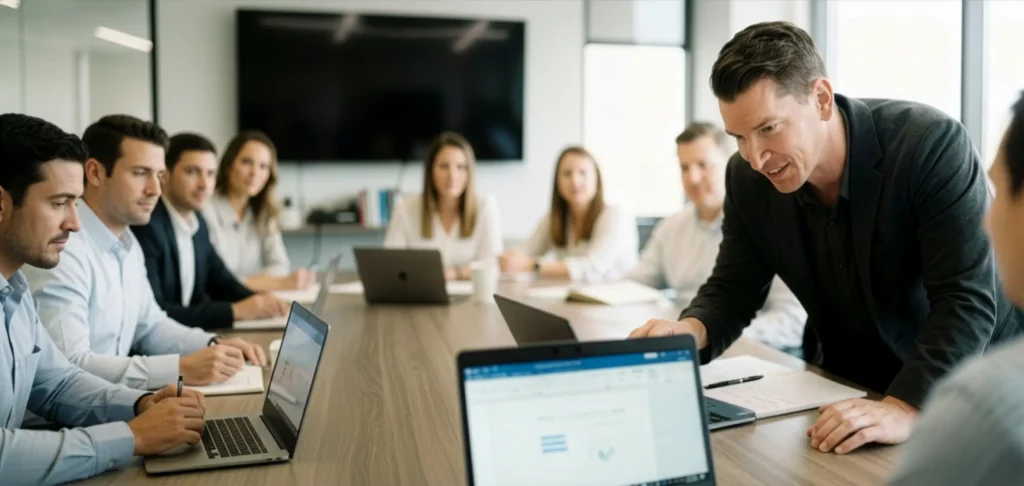 Founder of Columbus Marketing Experts leading a strategy discussion during a real business growth planning session.