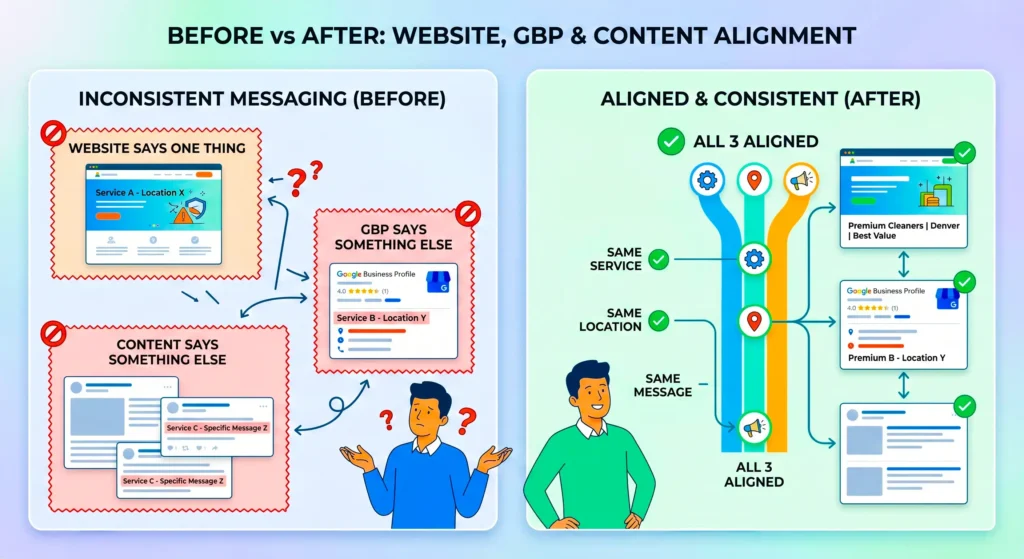 Diagram showing aligned messaging across the website, Google Business Profile and content for consistent visibility and conversions.
