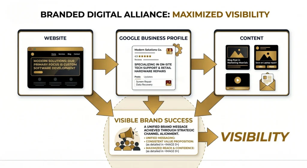 Diagram showing how website, Google Business Profile, and content alignment creates increased business visibility