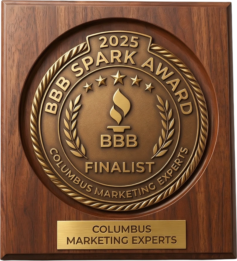 2025 BBB Spark Award Finalist plaque awarded to Columbus Marketing Experts for ethics and integrity across the City of Columbus