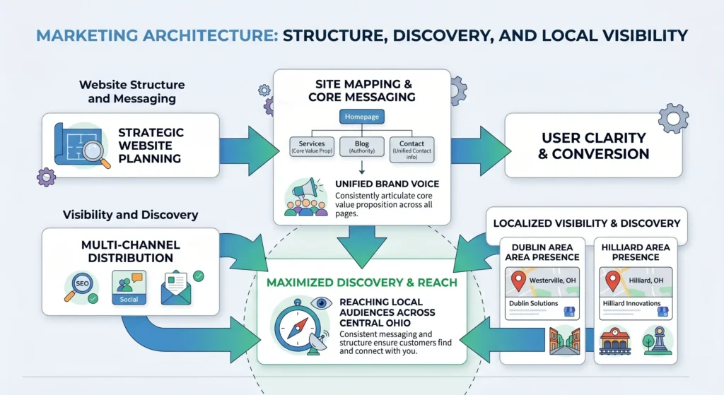 Digital marketing services including website structure and messaging and visibility and discovery aligned with location pages for Dublin, Westerville, and Hilliard
