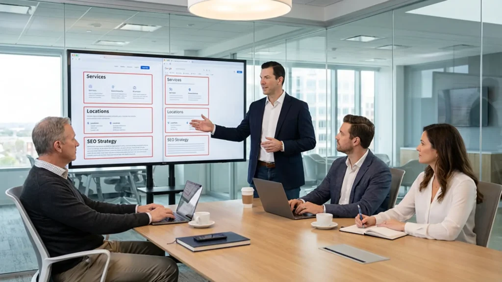 Consultant auditing website and Google Business Profile consistency with clients in office