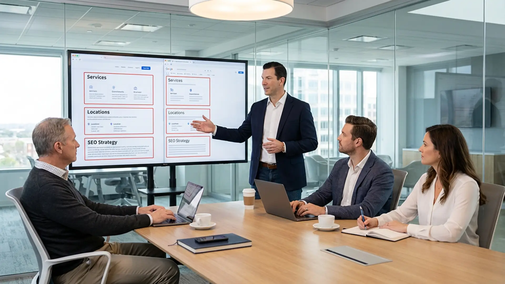 Consultant auditing website and Google Business Profile consistency with clients in office