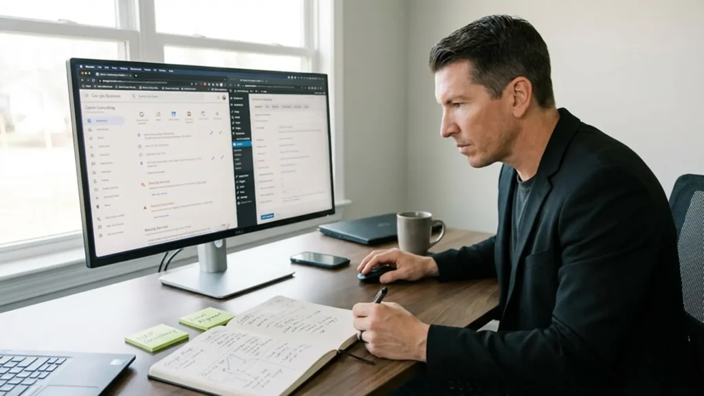 SEO expert reviewing Google Business Profile consistency and signal alignment for improved Maps visibility