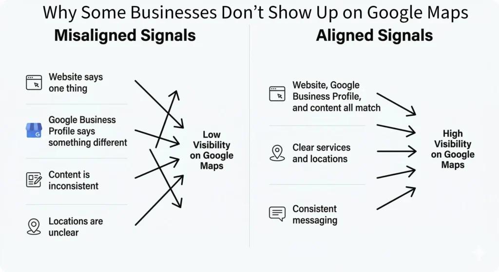 Example of aligned vs misaligned signals affecting Google Maps visibility