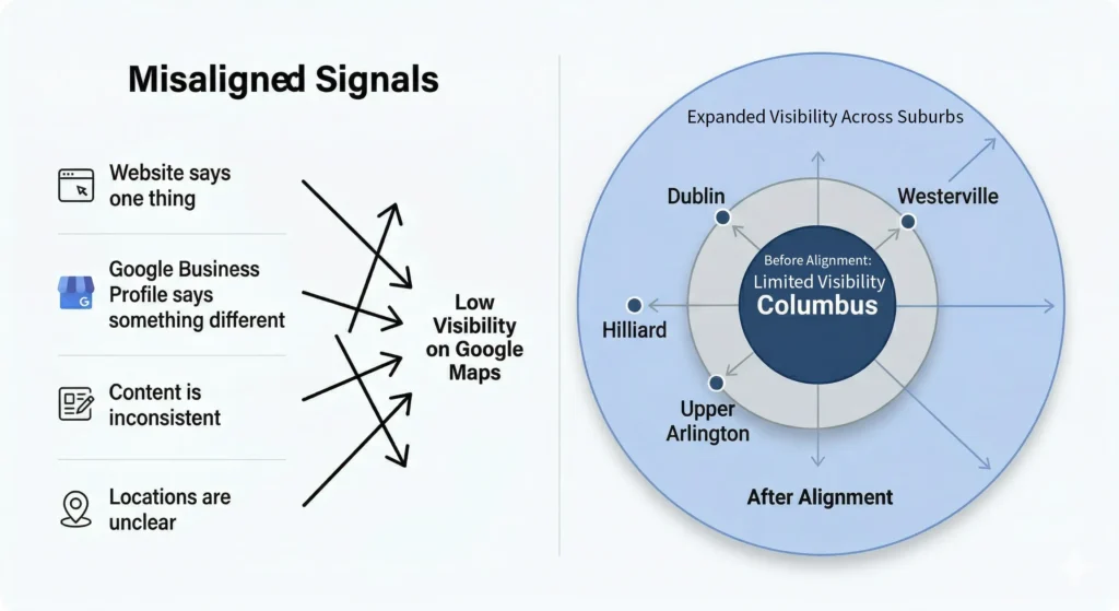 Example of Google Maps visibility expanding across Columbus suburbs after alignment