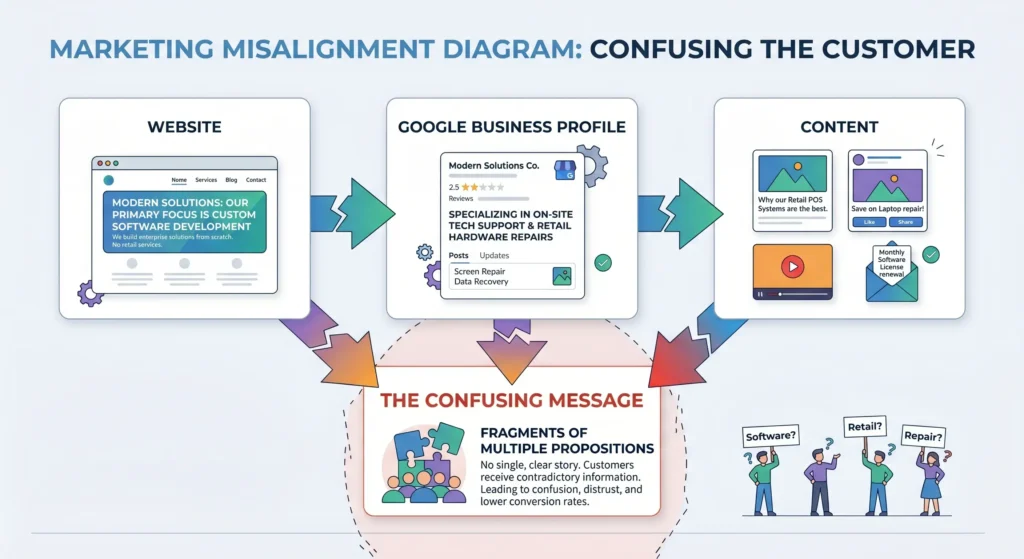 Example of inconsistent services and locations across website, Google Business Profile, and content causing reduced visibility in Dublin, Westerville, and Hilliard