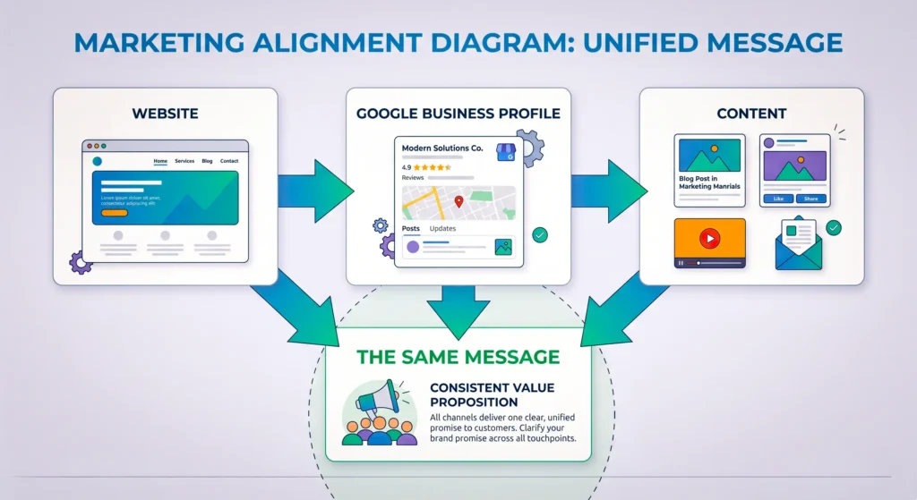 Diagram showing website, Google Business Profile, and content aligned to reinforce services and locations across Dublin, Westerville, and Hilliard