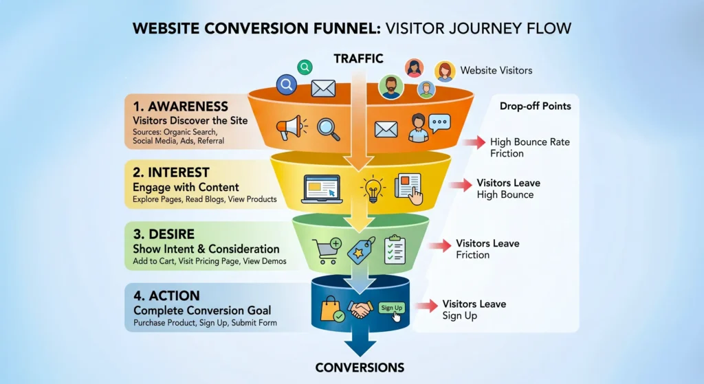 Broken website conversion funnel showing traffic drop-off before leads due to messaging and structure issues.