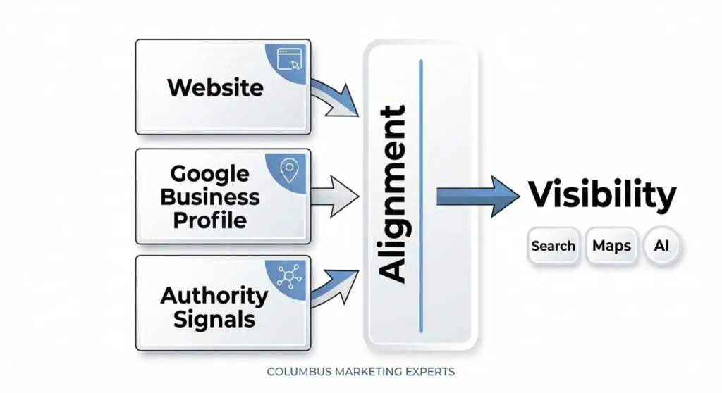 Diagram showing how website, Google Business Profile, and authority signals align to improve visibility