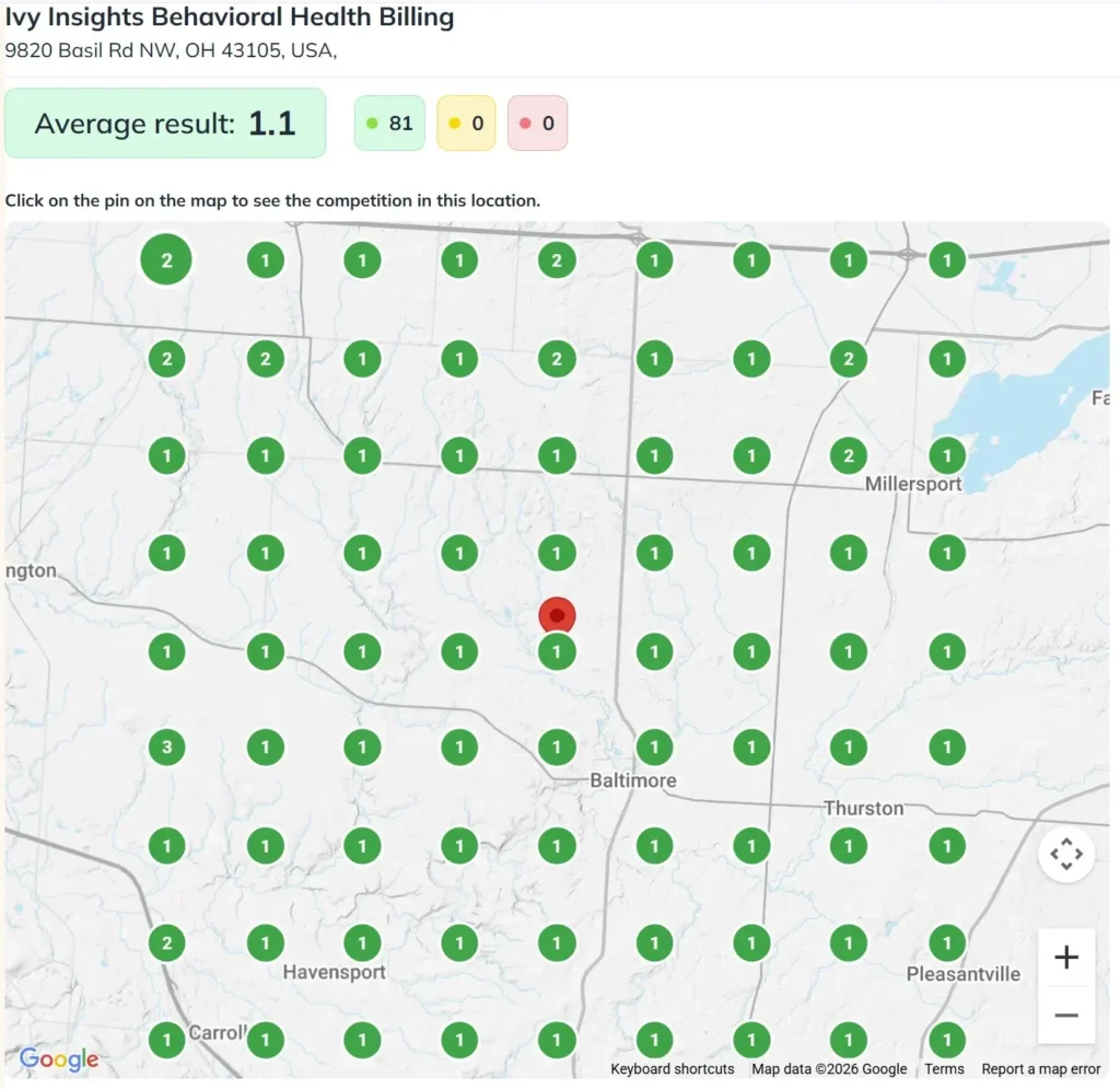 Google Maps ranking grid showing #1 positions in Baltimore Ohio