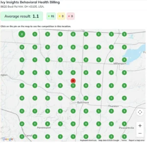 Google Maps ranking grid showing #1 positions in Baltimore Ohio