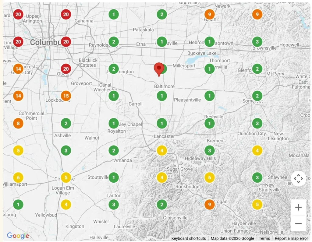 Google Maps ranking grid showing regional visibility across Central Ohio
