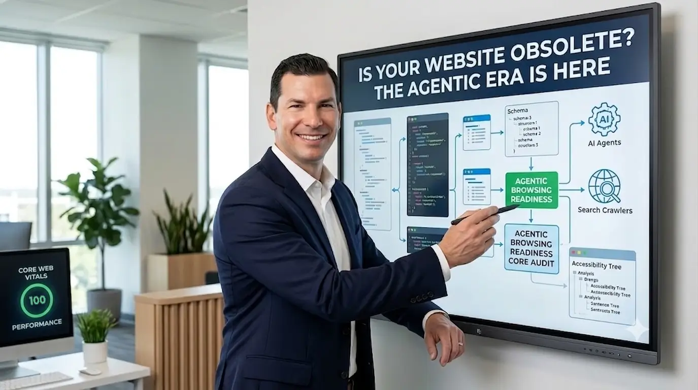 Columbus Marketing Experts leader Neil Colvin auditing a WordPress site for Agentic Browsing Readiness and 100% Core Web Vitals performance.