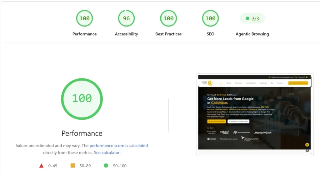 Google PageSpeed Insights dashboard showing 100 performance and passing metrics for agentic browsing SEO.
