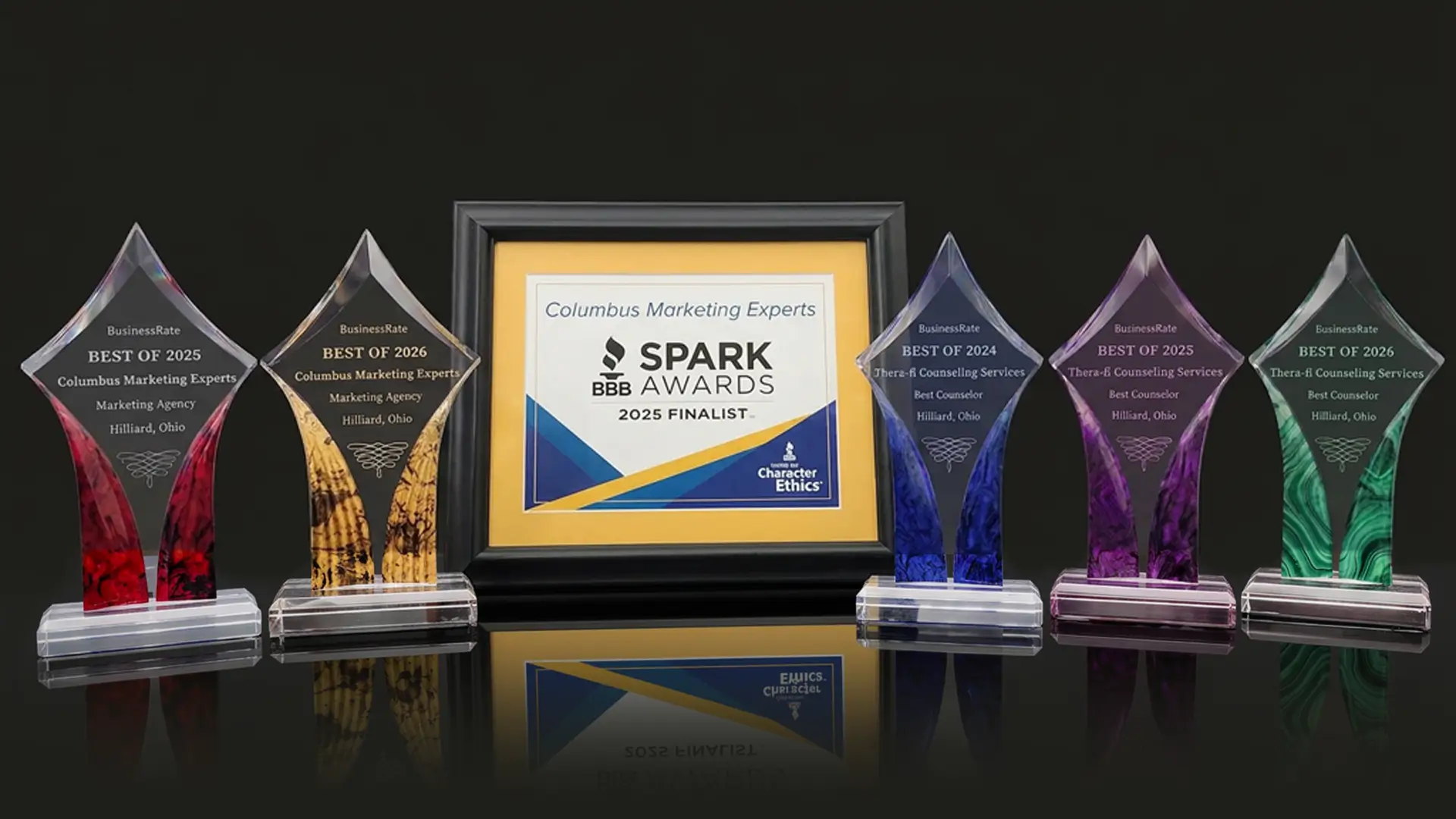 Columbus Marketing Experts consecutive 2025 and 2026 BusinessRate Awards for top marketing agency in Hilliard, Ohio; Columbus Marketing Experts recognized as a 2025 Better Business Bureau Spark Award Finalist for corporate integrity in Central Ohio; and Thera-fi Counseling Services consecutive 2024, 2025, and 2026 BusinessRate Awards for top-rated Hilliard Ohio counselor and local therapy practice.