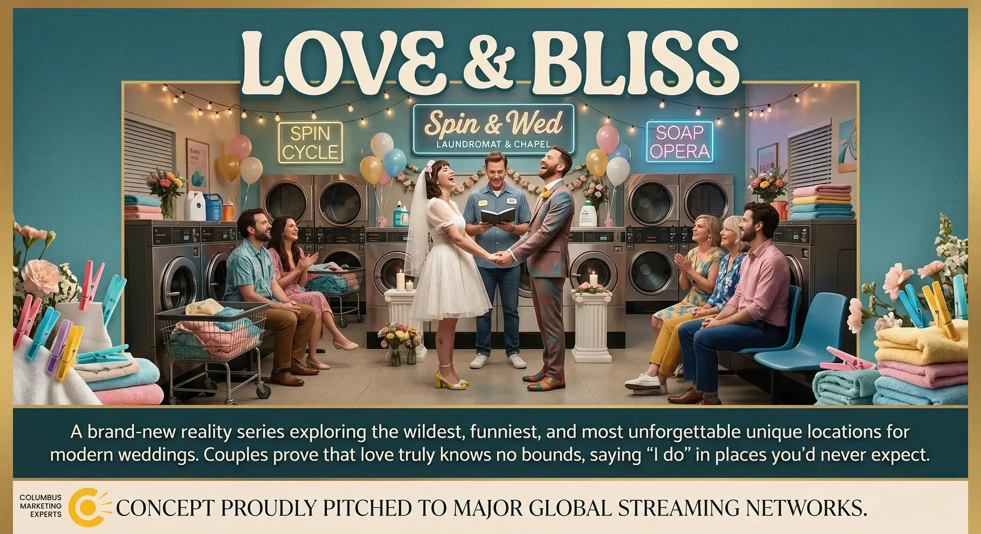 Executive television pitch deck for Love and Bliss being packaged for major streaming networks like Netflix.