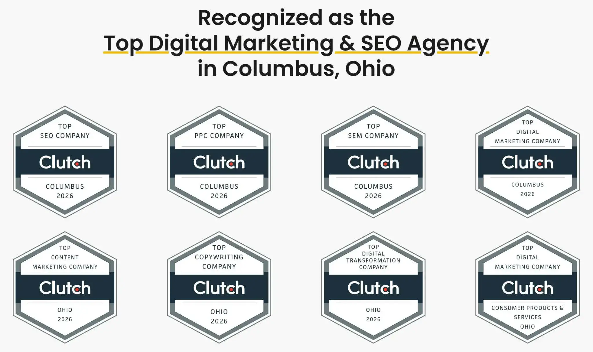 Clutch 2026 award badges recognizing top digital marketing and local SEO agency in Columbus Ohio